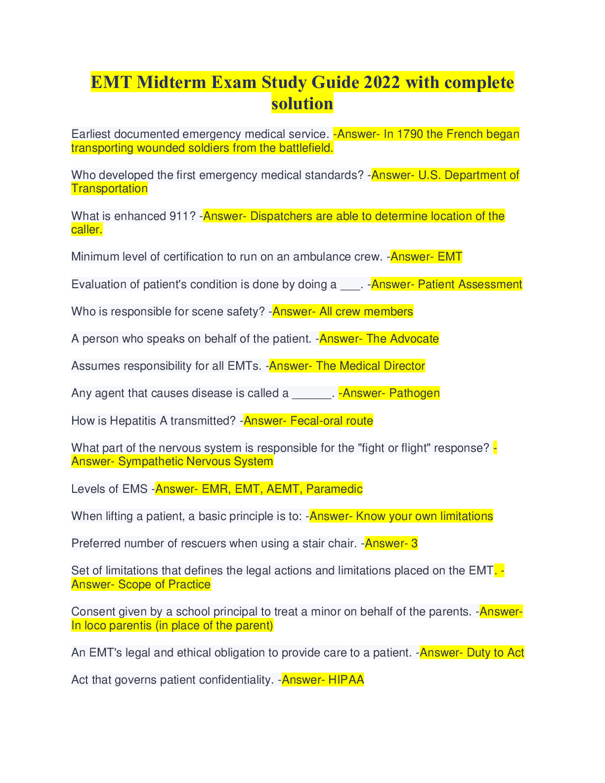 Preview image for EMT Midterm Exam Study Guide 2022 with complete solution